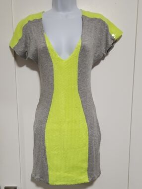 Bebe Addiction Neon Yellow & Gray V-Neck Knit Cutout Sequin Dress